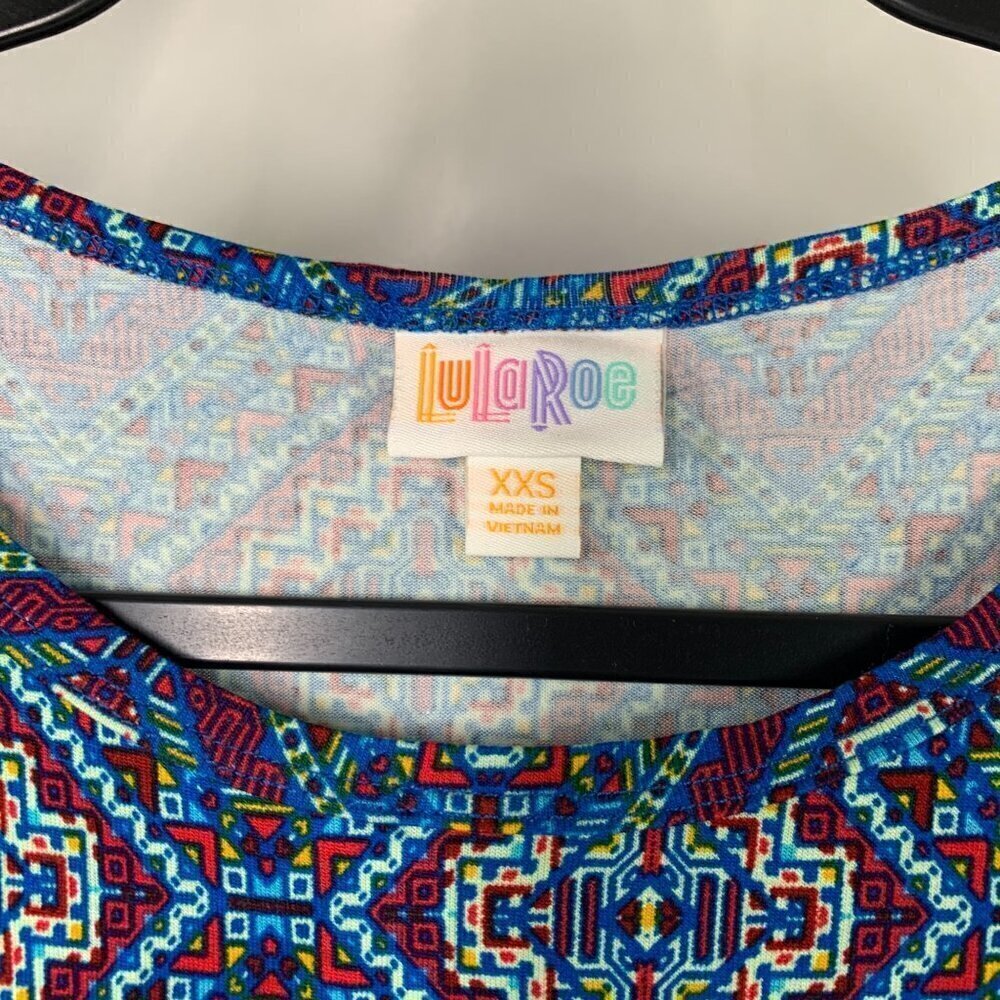 Lularoe Irma Half Sleeve Tunic High Low Polyester Blend Sz XXS Blue Red Diamond - Picture 2 of 7